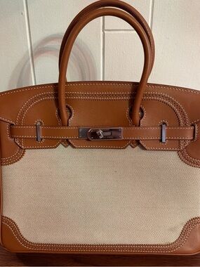 Canvas and Brown Leather Tote Handbag